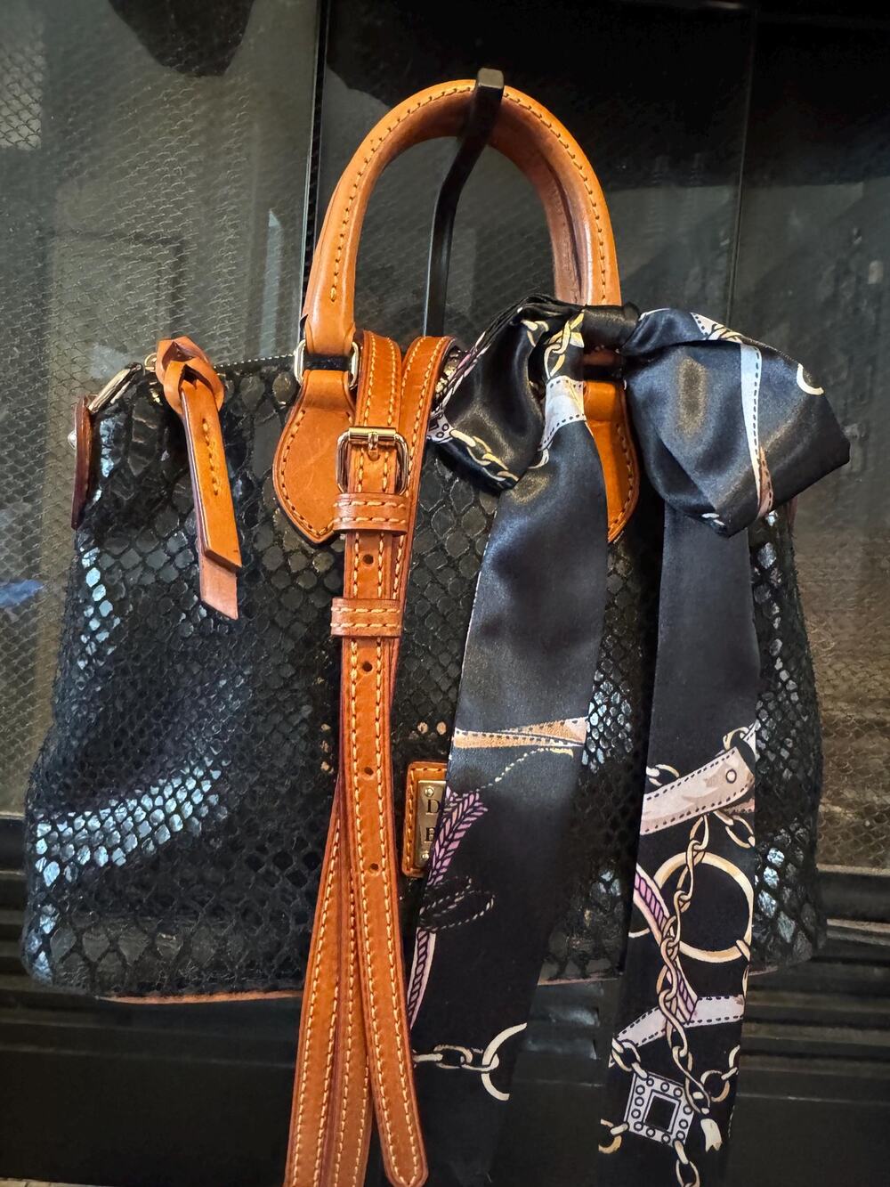 Black Python Dooney and Bourke mini domed satchel handbag purse with strap